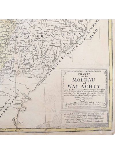 Harta Moldovei și a Valahiei, gravură colorată manual, gravorul Johann Baptist Hohmann, 1785
