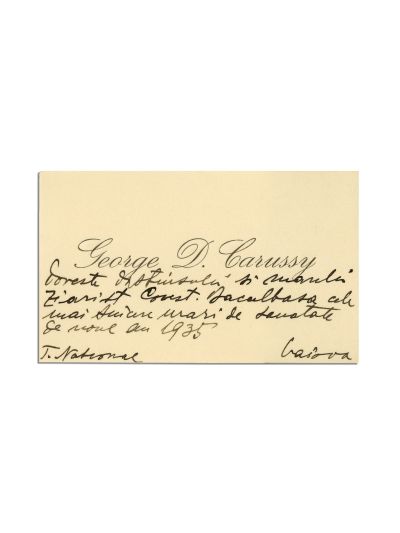 George D. Carussy, carte de vizită cu însemnare olografă