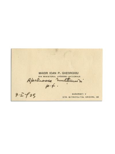 Maior Ioan P. Gheorghiu, carte de vizită cu însemnare olografă