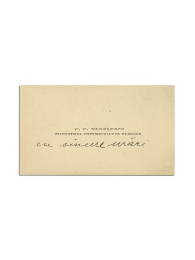 P. P. Negulescu, carte de vizită cu însemnare olografă