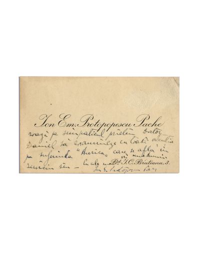 Ion Em. Protopopescu Pache, carte de vizită cu însemnare