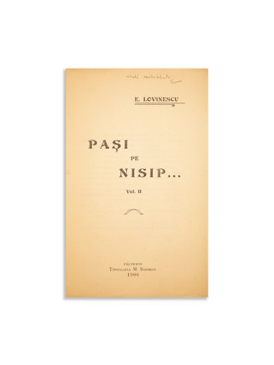 Eugen Lovinescu, Pași pe nisip, vol. II, 1906, cu dedicație olografă