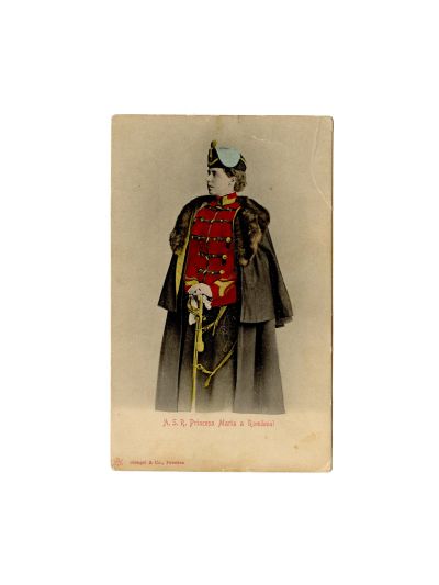 A.S.R. principesa Maria în uniforma Regimentului 4 Roșiori, fotografie tip carte poștală 