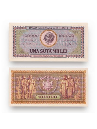 Două bancnote în valoare de 100.000 și 1.000.000 lei, 1947