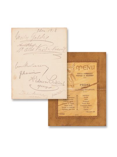 Delegația Unirii din Ardeal, 7 decembrie 1918, meniu cu semnăturile lui V. Goldiș, Al. Vaida-Voevod, M. Cristea, I. Hossu, C. Brediceanu 