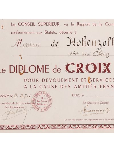 Principele Carol al II-lea, Diploma Crucii de Onoare oferită de Asociația Amicală Franco-Britanică