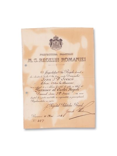 Ioan I. V. Socec, brevet prin care este numit „Furnizor al Regale”, 10 mai 1898 