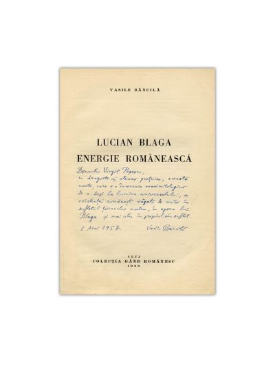 Vasile Băncilă, Lucian Blaga. Energie românească, 1938, cu dedicație pentru Virgil Popescu