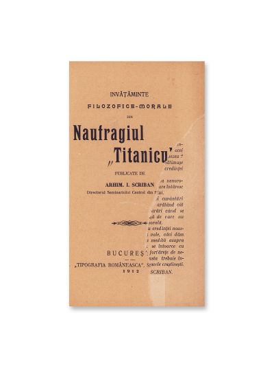 Arhim. I. Scriban, Naufragiul „Titanicului”, 1912, cu dedicație olografă 