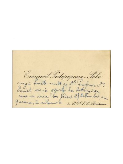 Emanoil Protopopescu-Pake, carte de vizită cu însemnare olografă