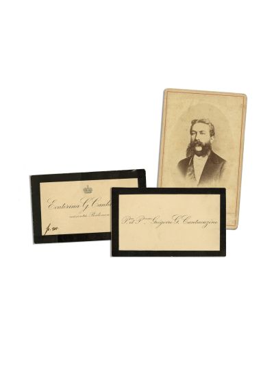 Ecaterina și Grigore G. Cantacuzino, fotografie format carte-de-visite și două cărți de vizită
