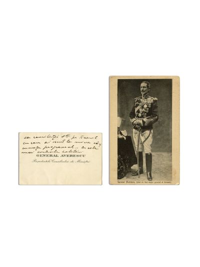 Generalul Alexandru Averescu, fotografie tip carte poștală + carte de vizită cu însemnare olografă