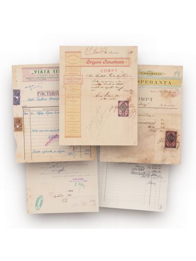 Colecție de cinci facturi emise de tipografiile „Grigore Panaitescu”, „Speranța”, „Viața Literară”, „Luceafărul”, 1900-1944