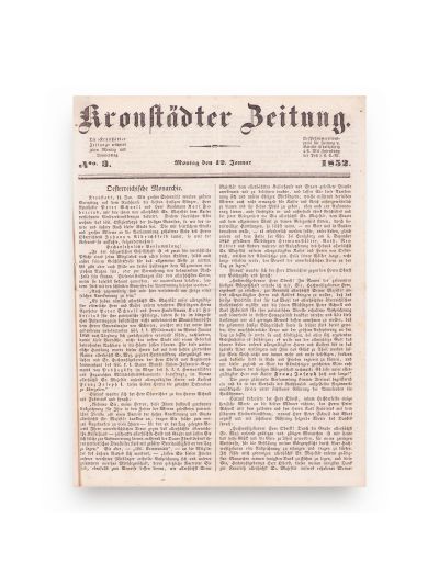 Publicația „Kronstädter Zeitung” - Ziarul Brașovului, 1852