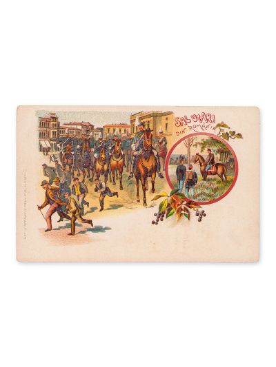 Salutări din România - Cavaleria română traversând în galop, carte poștală litografiată, 1898