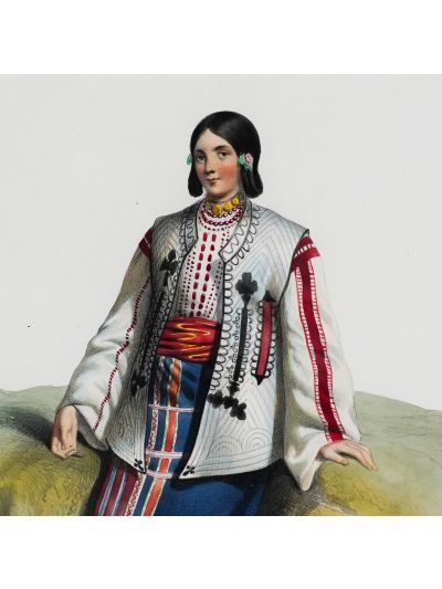 Tânără fată din Valahia, litografie colorată manual, gravor Michel Bouquet