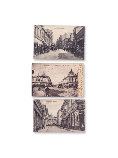 Străzi comerciale și cartiere bucureștene, 3 fotografii tip carte poștală