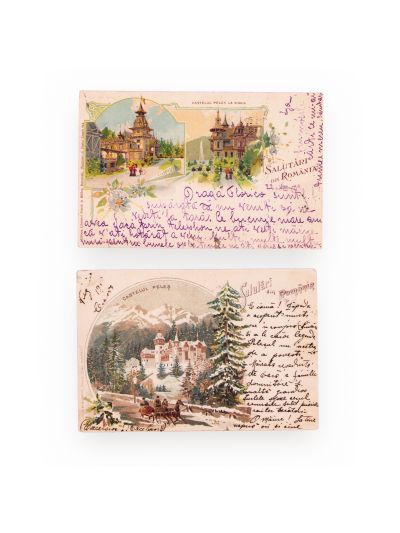 Castelul Peleș, două cărți poștale ilustrate din seria Salutări din România, 1899-1900