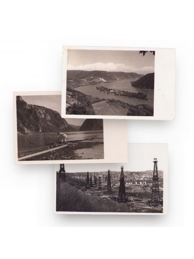 Pescar în Cazanele Dunării, vedere din Aha Kaleh și sondele din Moreni, trei fotografii tip carte poștală