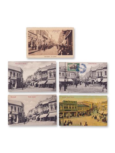 Strada Lipscani - panorame, prăvălii și animație urbană, cinci fotografii tip carte poștală