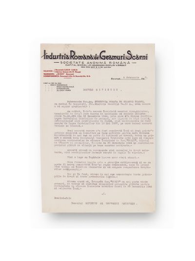 Industria Română de Geamuri Scăeni, scrisoare dactilografiată adresată Ministrului Economiei Naționale, 6 februarie 1945 