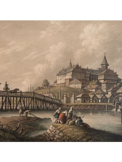 Curtea Domnească din București, acvatintă colorată în epocă, desenator Luigi Mayer, 1803 