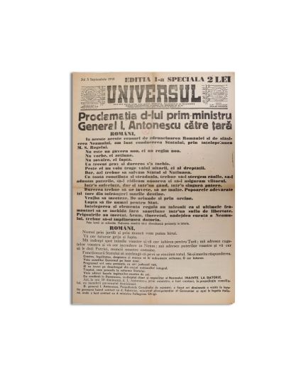 Publicația „Universul”, 5 septembrie 1940, ediția I specială - Proclamația generalului I. Antonescu către țară
