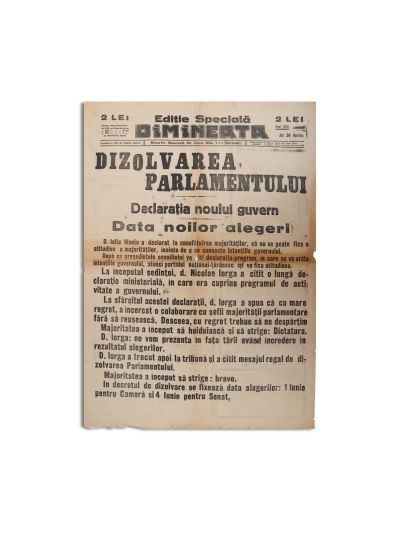 Publicația „Dimineața”, anul XXVI, 30 aprilie, ediție specială - dizolvarea Parlamentului