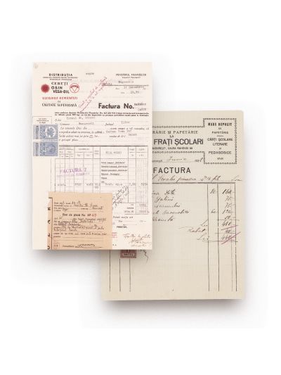 Librăria și Papetăria la „Doi frați școlari” + „Distribuția”, două facturi, 1928-1937