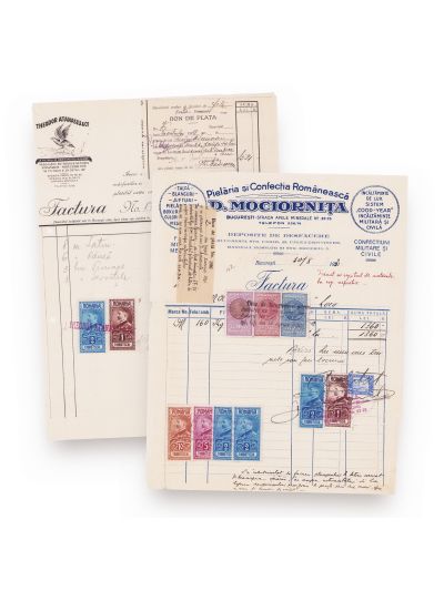 Pielăria și Confecția Românească „D. Mociornița” + Theodor Atanasiu & Co „La vulturul de mare cu peștele în ghiare”, două facturi