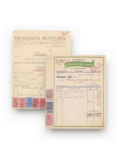 Tipografia A. Friedmann „Oficiul Grafic Român” + Tipografia Bucovina I. E. Torouțiu, două facturi, 1936-1939 