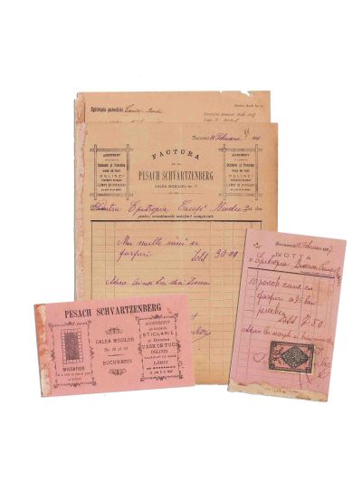 Societatea „Pesach Schvartzenberg”, factură + chitanță + notă, 1896-1897