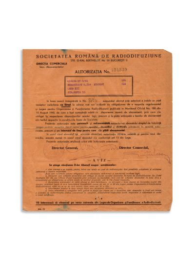 Societatea Română de Radiodifuziune, autorizație pentru un post receptor radiofonic cu lămpi, 1941
