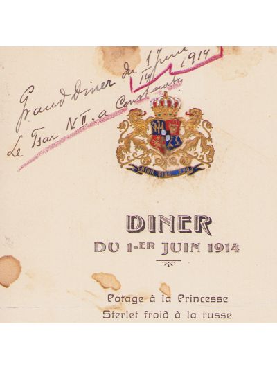 Vizita țarului Nicolae al II-lea la Constanța, meniul dineului, 1/14 iunie 1914