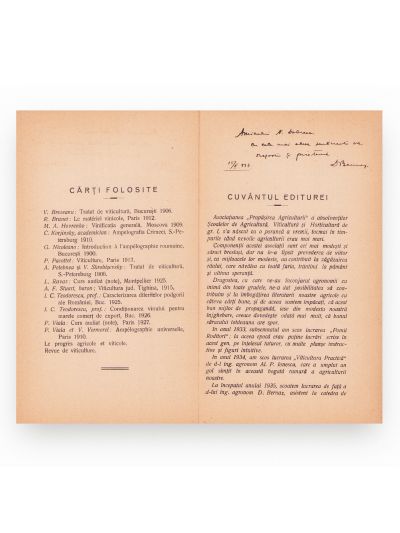 Ing. agr. D. Bernaz, Varietățile viței de vie, 1935, cu dedicație olografă 