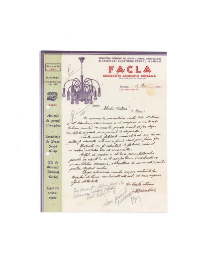 Scrisoare cu reclama Societății Facla, 1942