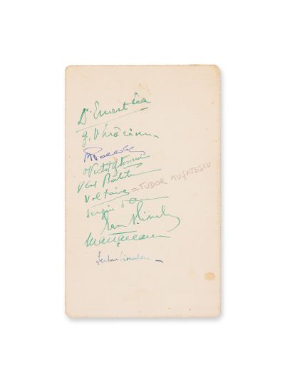 Meniu cu semnăturile lui Victor Eftimiu, Tudor Mușatescu, Sergiu Dan, Șerban Cioculescu, 6 noiembrie 1935