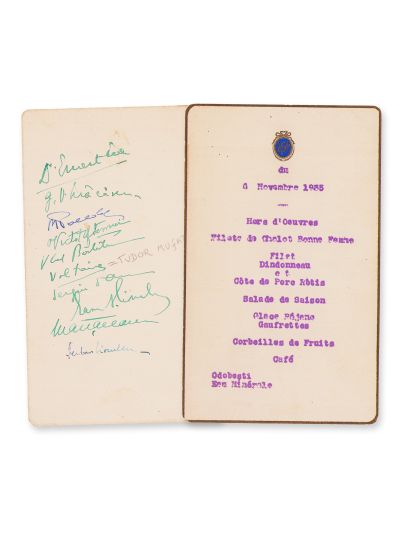 Meniu cu semnăturile lui Victor Eftimiu, Tudor Mușatescu, Sergiu Dan, Șerban Cioculescu, 6 noiembrie 1935