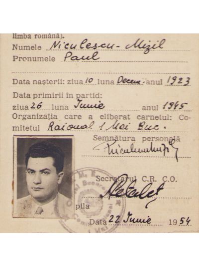 Paul Niculescu-Mizil, carnet de membru P.M.R. + fișa de control a carnetului de partid, 1954