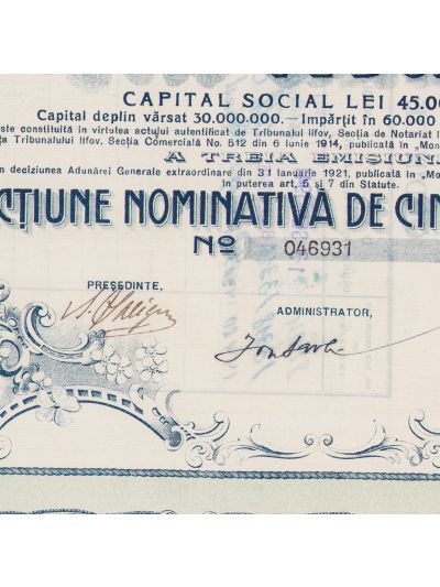 Societatea Anonimă Română de Navigațiune pe Dunăre, cinci acțiuni emise pe numele patriarhului Miron Cristea, cu semnătura lui Anghel Saligny