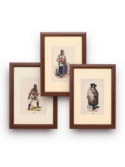 Țăran de la munte, Femeie din Valahia și Dorobanț, trei gravuri colorate manual în epocă, 1844-1847