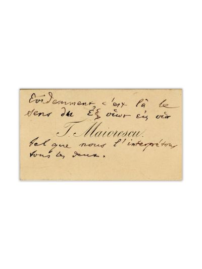 Titu Maiorescu, carte de vizită cu însemnare olografă, 1889