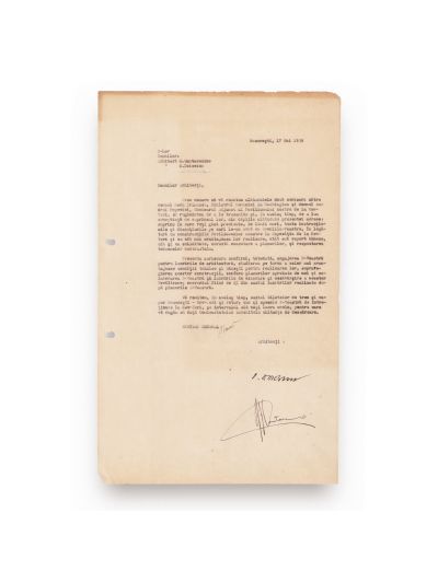 G. M. Cantacuzino și O. Doicescu, scrisoare privind construcția pavilioanelor românești la Expoziția de la New York, 1938, cu semnături olografe + onorariul arh. G. M. Cantacuzino