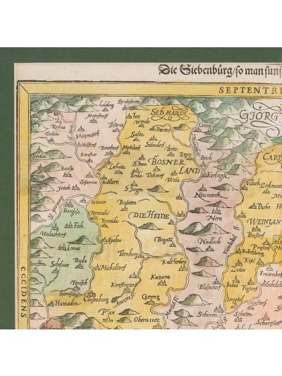 Harta Transilvaniei, xilogravură colorată manual, Basel, cartograf Sebastian Münster, cca. 1550-1588 