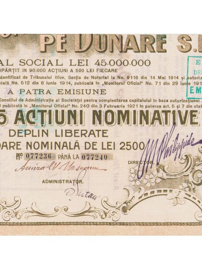 Societatea Anonimă Română de Navigațiune pe Dunăre, o acțiune și patru titluri, cu semnăturile lui A. Saligny și V. Urseanu