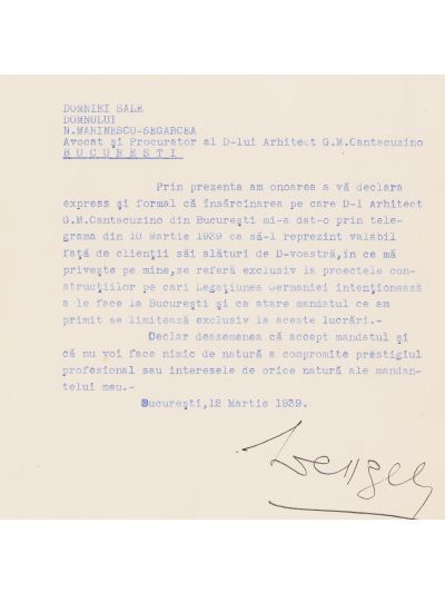 G. M. Cantacuzino, scrisoare privind proiectele construcțiilor Legației Germaniei la București, 1939