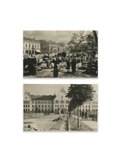 Clădiri și târguri din Gheorgheni, două fotografii format carte poștală, atelier Tilly Artz