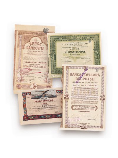 Colecție de 4 acțiuni: „Banca Centrală” Cluj, „Economia din Focșani”, „Banca Dâmbovița”, „Banca Populară din Pitești”, 1920-1942
