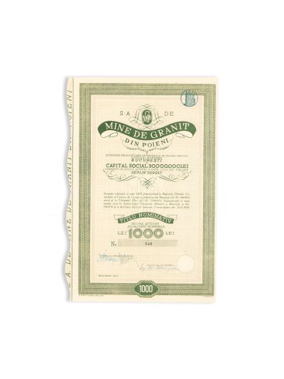 „Les Tramways de Galatz”, „Minerva Oil Company”, „Mine de Granit din Poieni”, două titluri și o acțiune de dividende