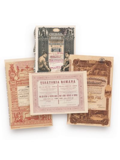Colecție de patru acțiuni: „Creditul Minier”, „Bazalt Artificial și Ceramică”, „Emil Costinescu”, „Țesătoria română”